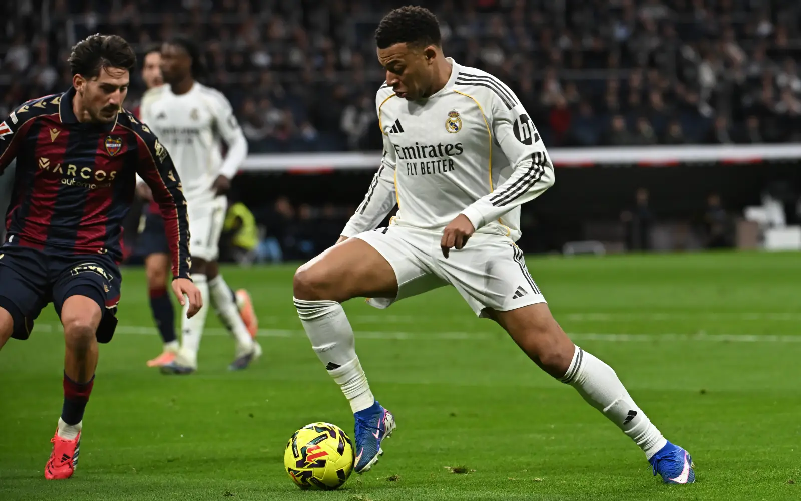 Cover Image for Mbappe and Asencio strike as Real Madrid calm storm with 2-0 win over Levante