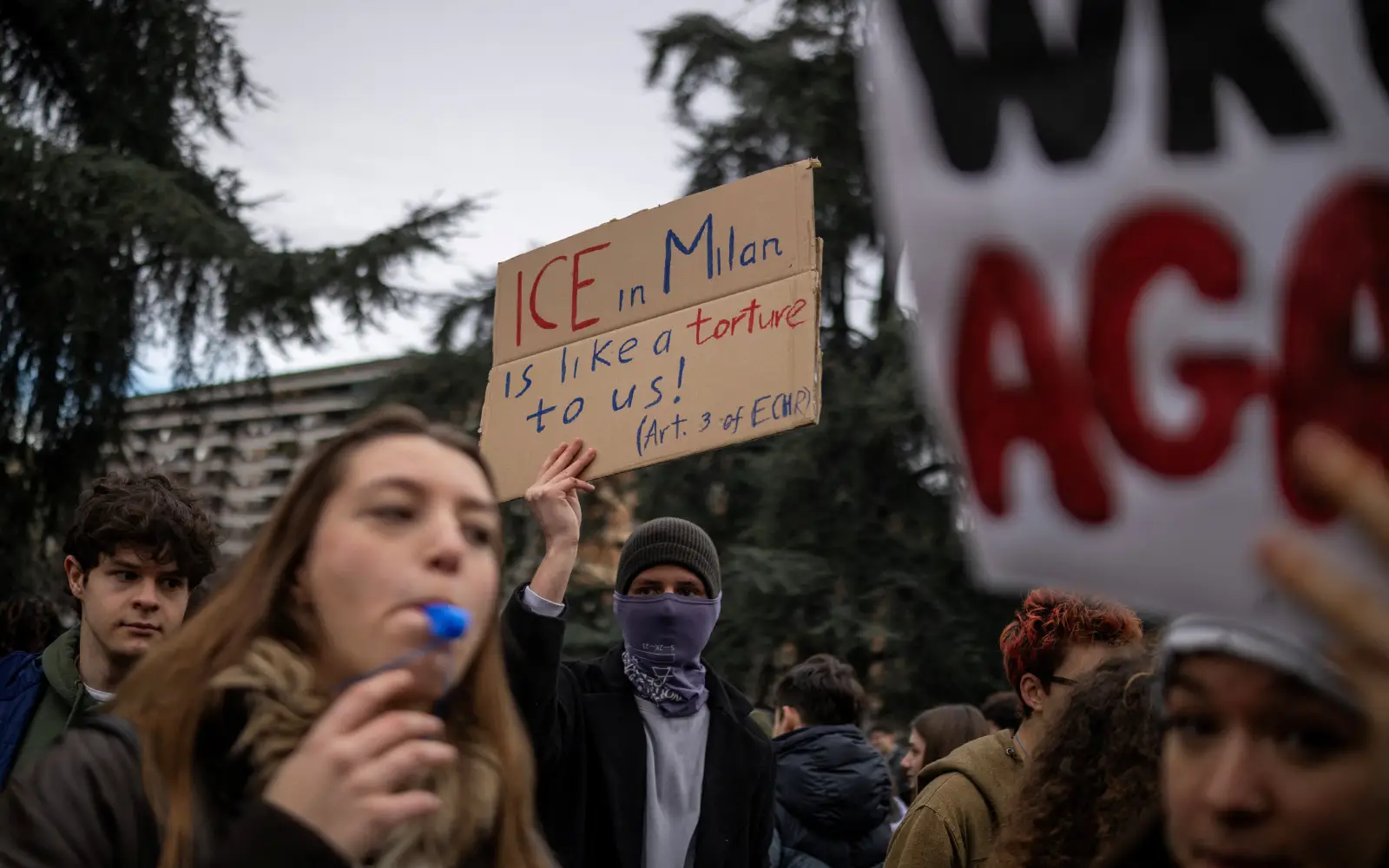 Cover Image for Anti-ICE protesters rally in Milan ahead of Winter Olympics opening ceremony
